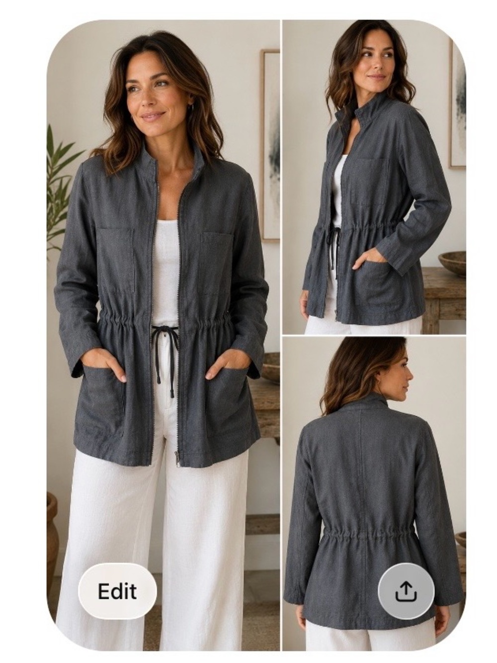 Eileen Fisher Black Drawstring-Waist Utility Jacket